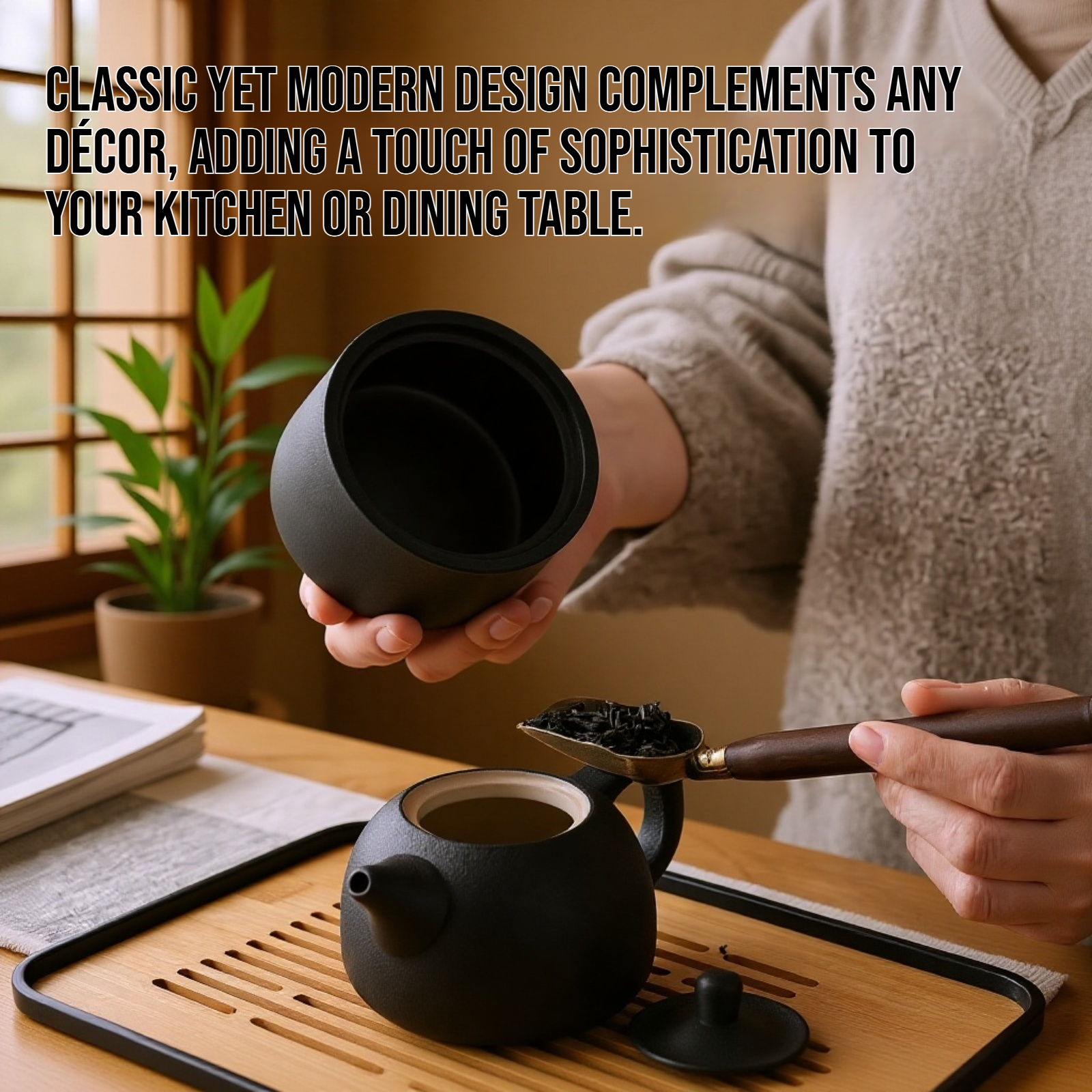 Elegant porcelain tea set and teapot on table