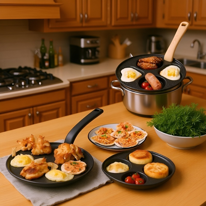 주방에서 하트 계란 프라이팬 사용하는 사진