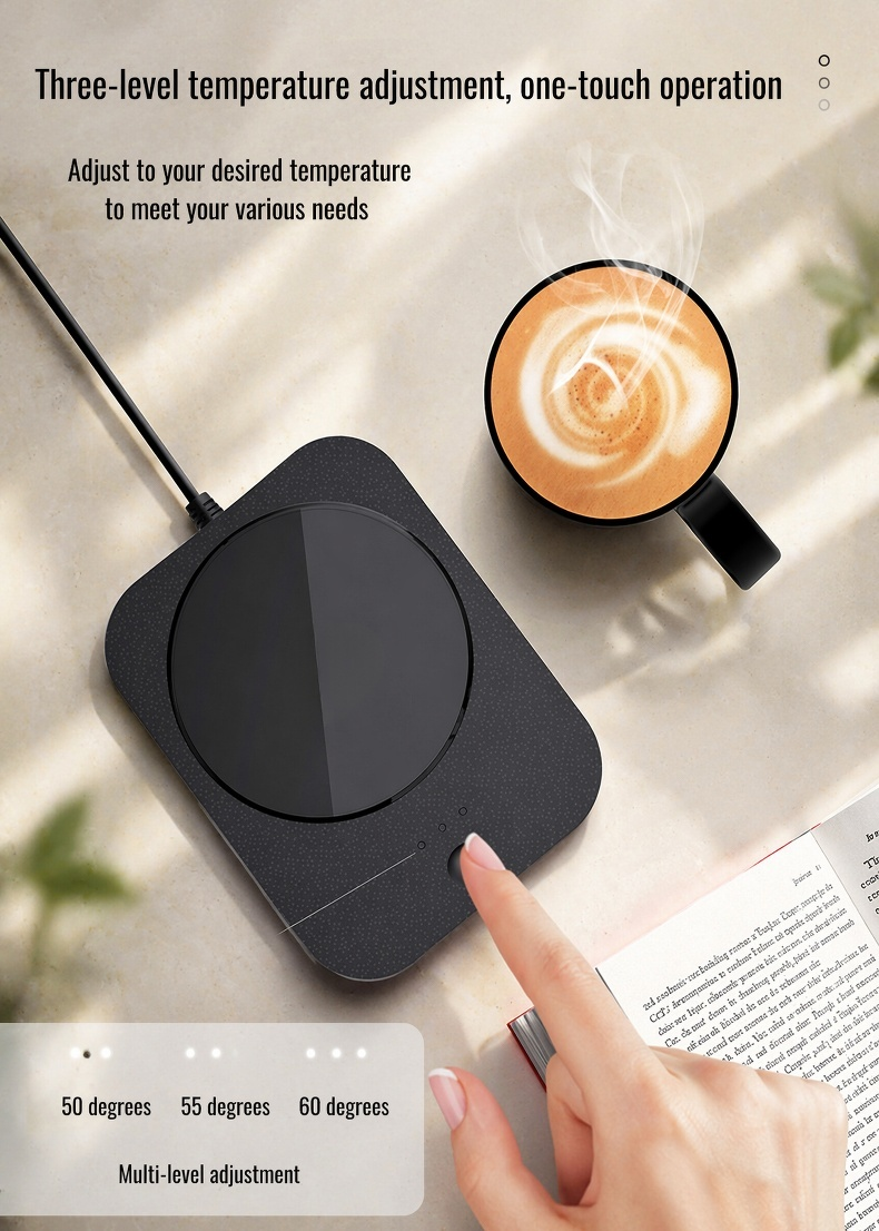 Close-up of intelligent mug warmer with LED display