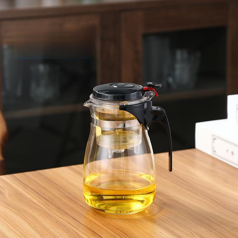 Hitzebeständige und explosionssichere Glasteekanne, Ein-Knopf-Filter, geeignet für Tee und Wasser