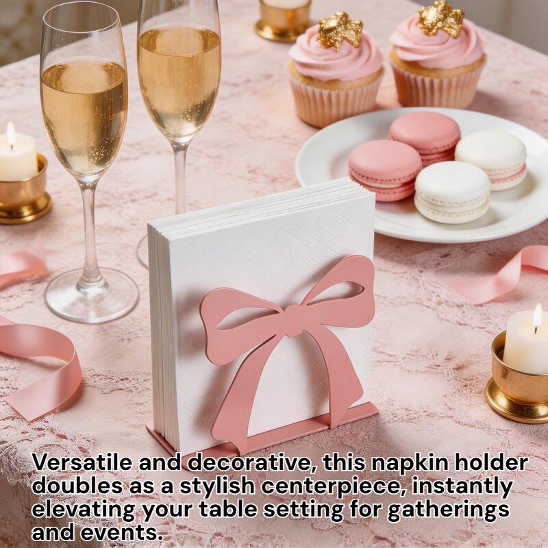 Pink Bow Metal Napkin Holder, Tabletop Decorative Tissue Dispenser for Parties and Kitchen