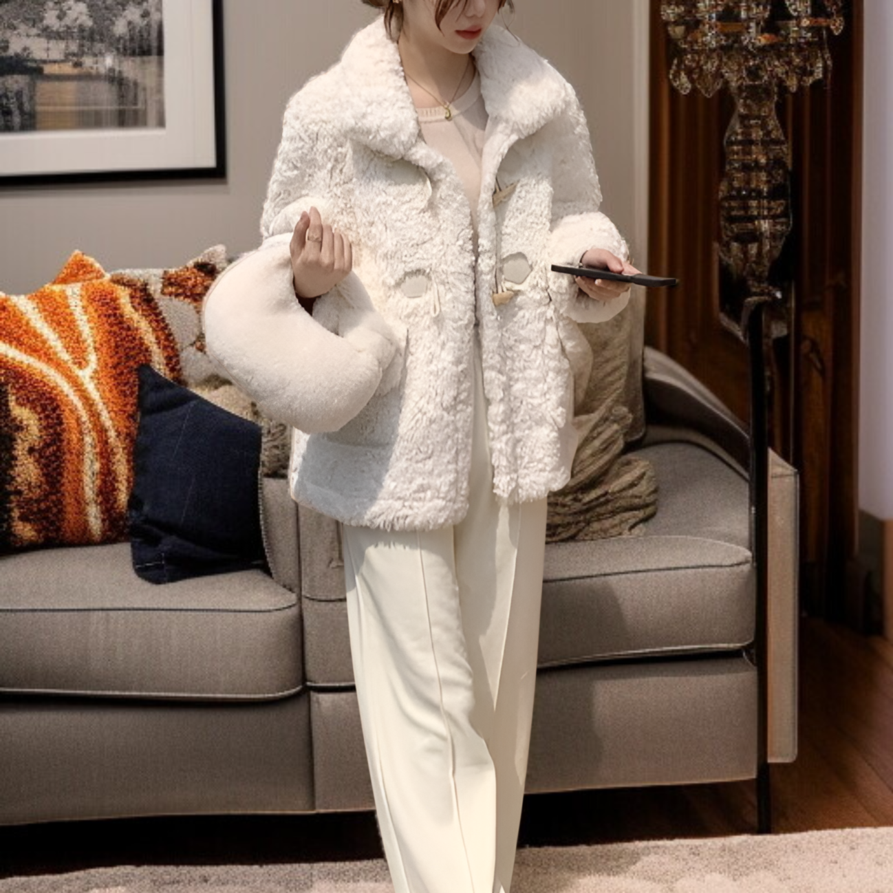 羊羔毛一体型ダッフルコート レディース 防風 保温 フェイクレザー 秋冬厚手アウター