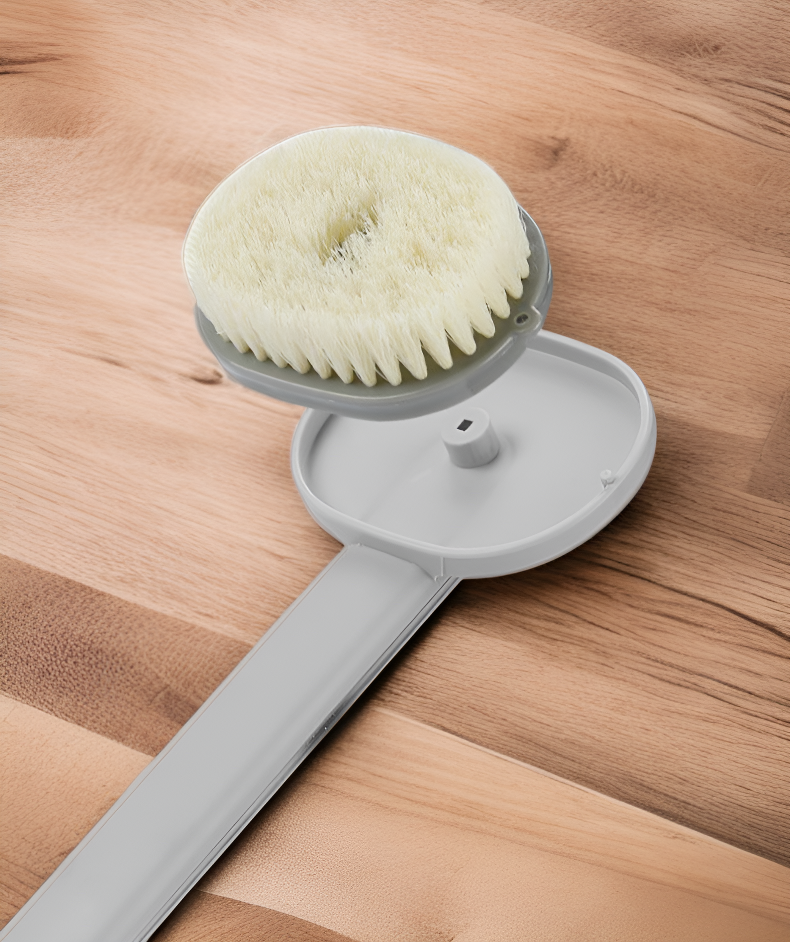 Close-up of soft bristles on extended handle back scrubber