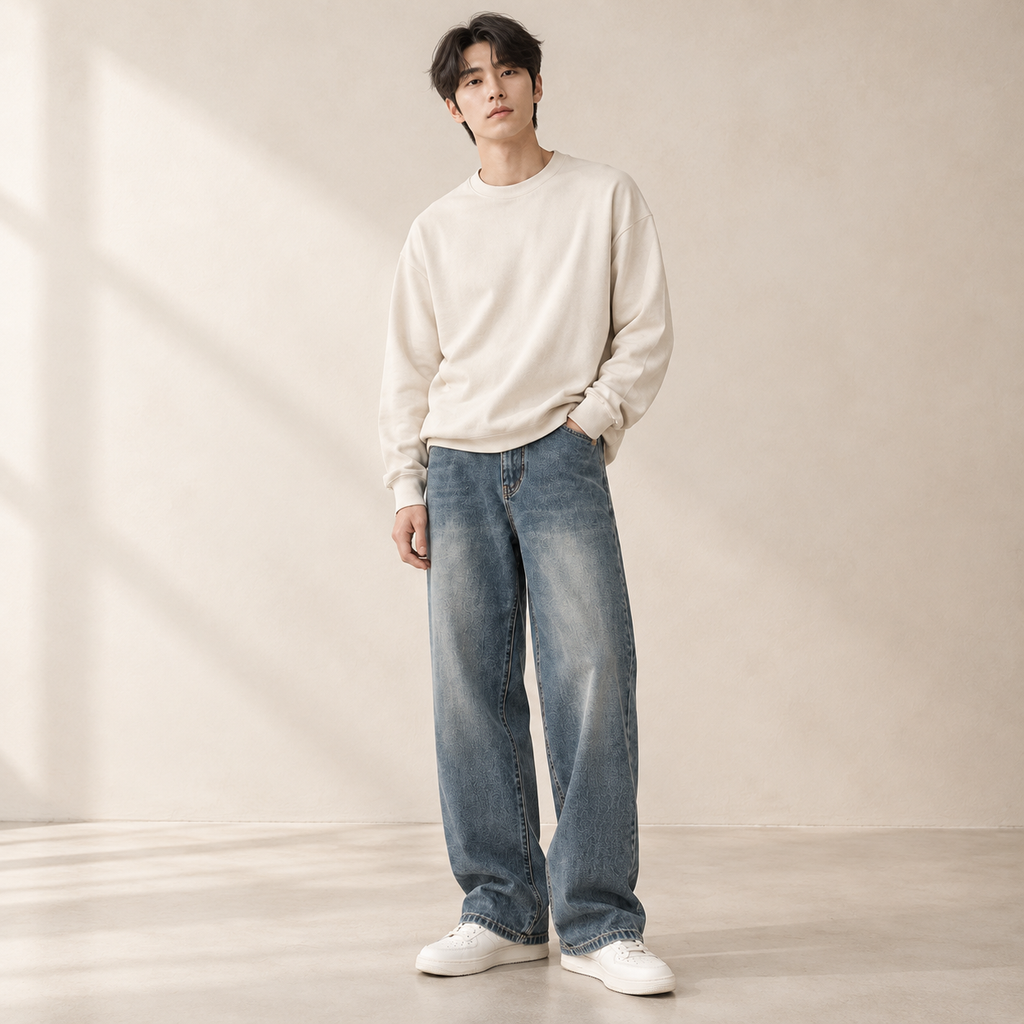 복고풍 스트레이트 진 남성 봄가을
