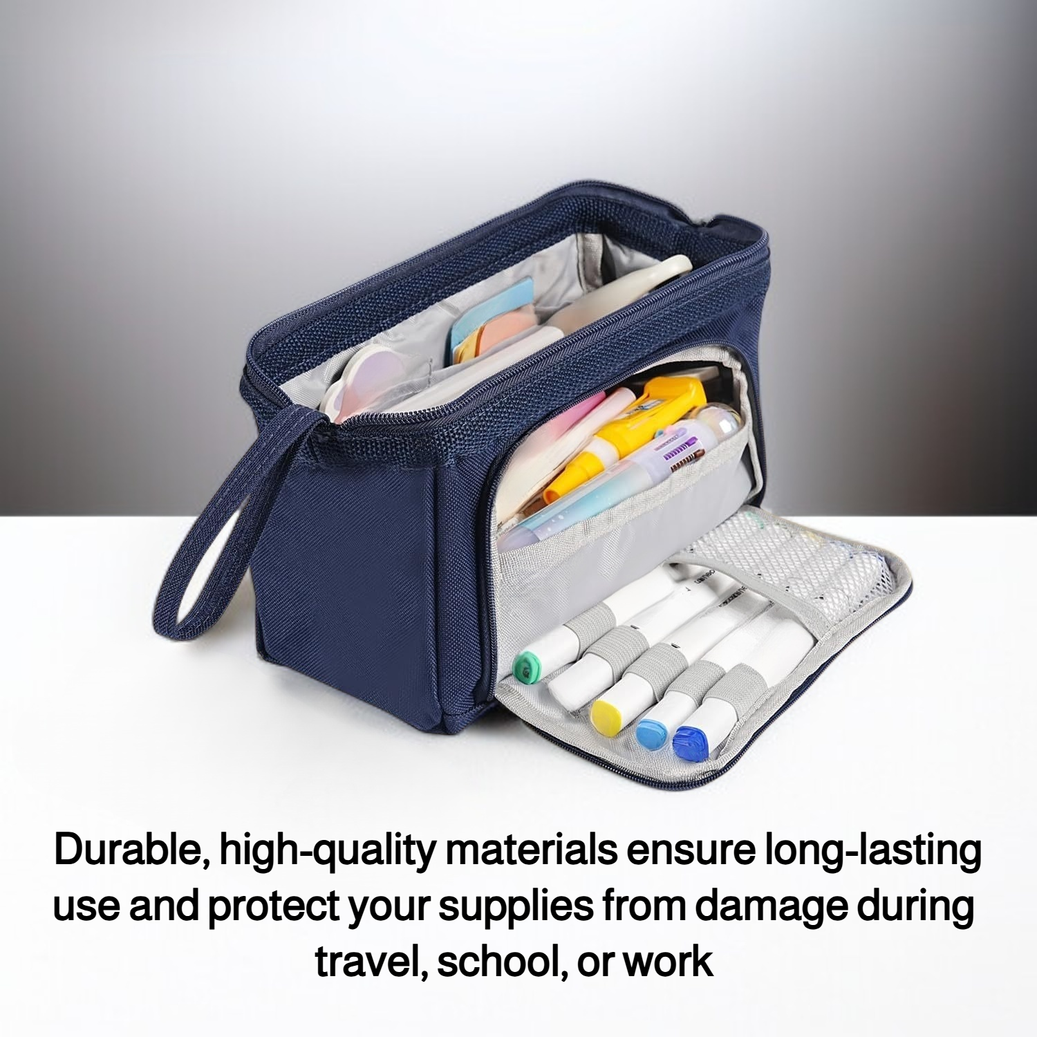 Large capacity portable pencil case with zipper closure