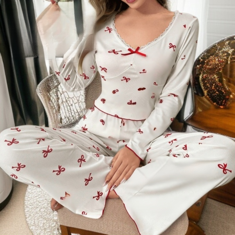 여성용 프린트 긴팔 팬츠 파자마 세트