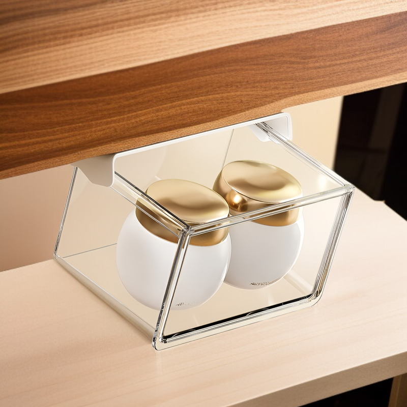 33°の傾斜角度で出し入れしやすいテーブル下収納ボックス。シンプルで透明な引き出し式で、オフィス、トイレ、洗面台、バスルームなどに最適な防水収納ボックスです。