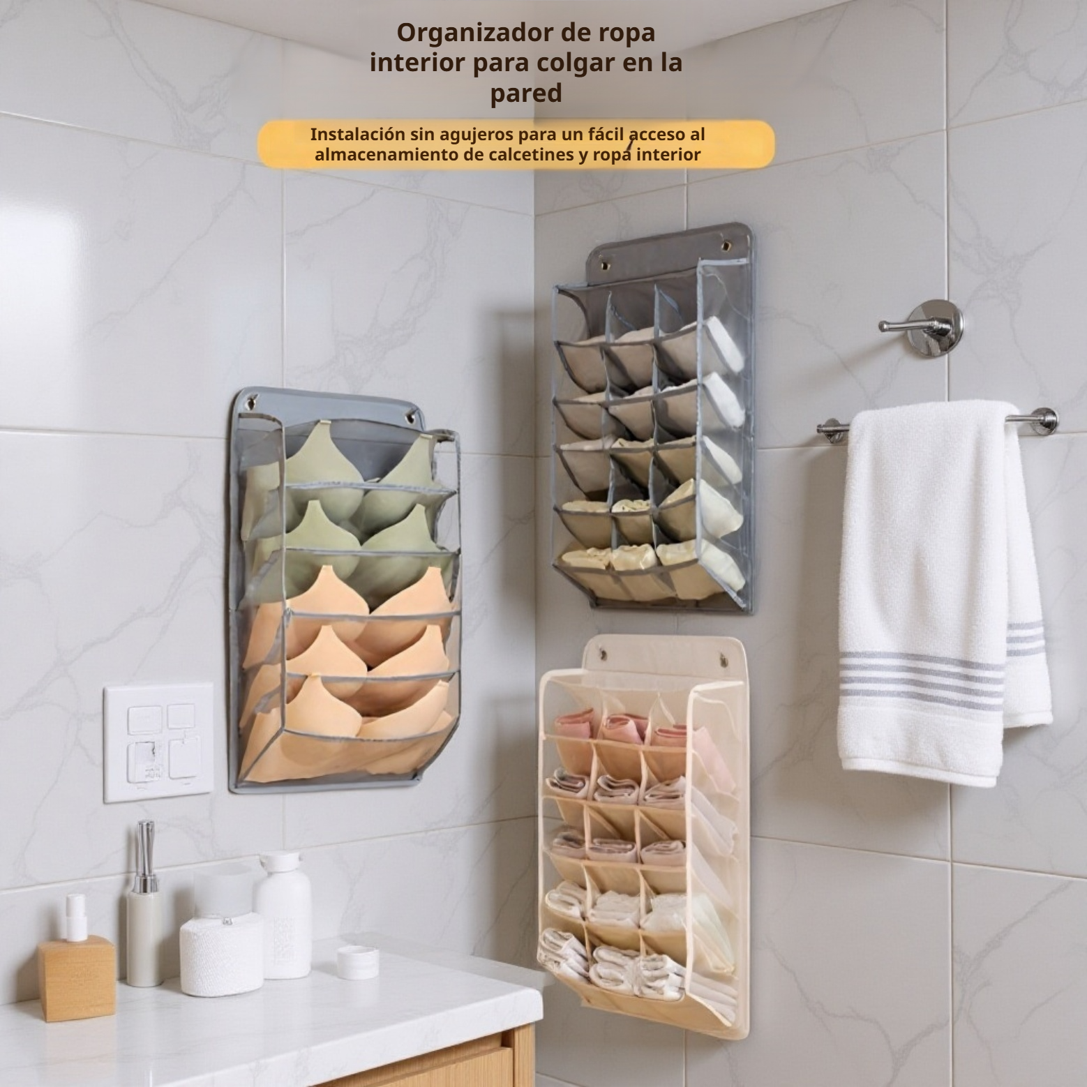 Organizador de ropa interior colgante instalado en puerta