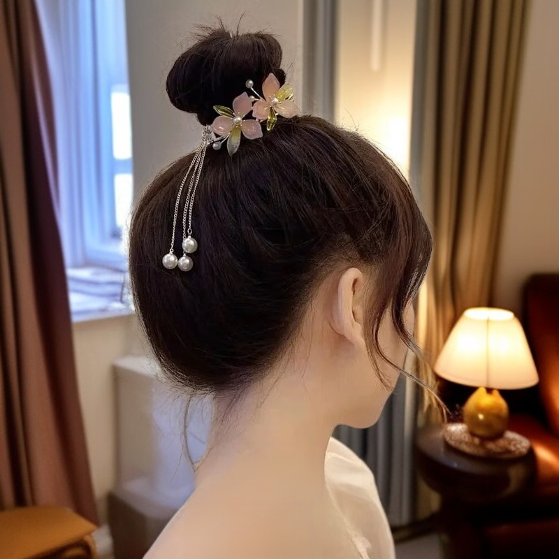 新中式桃花タッセル団子ヘアピン・ポニーテール髪飾り