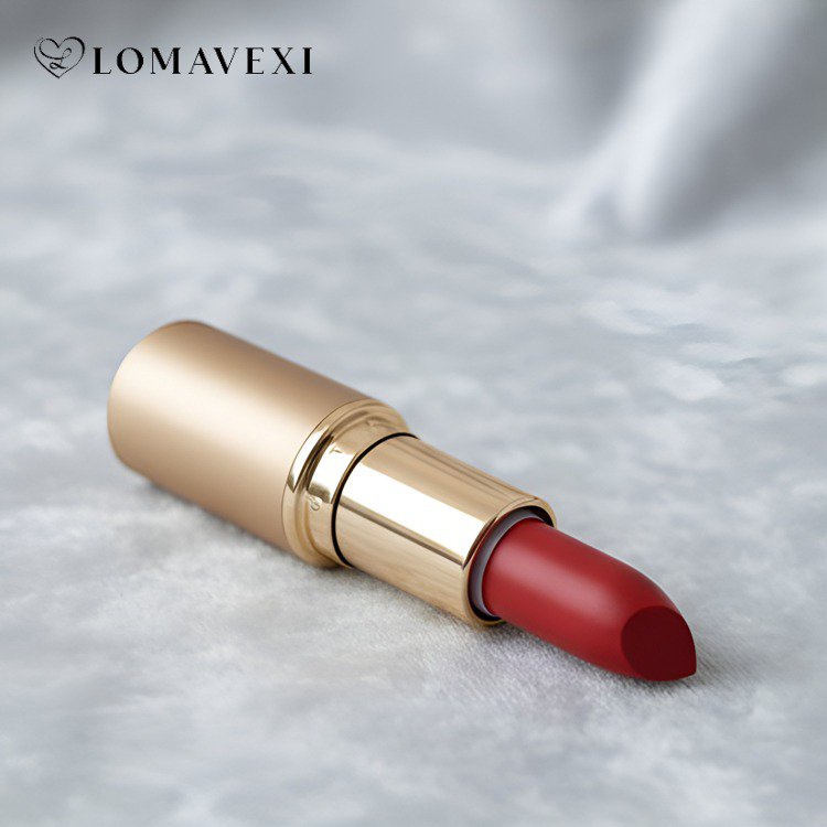 ทาลิปสติกสีแดงกำมะหยี่บนริมฝีปาก