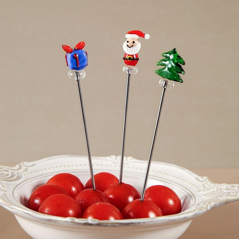 Christmas stainless steel handmade glazed cartoon 2-tooth fruit pick Santa Claus Christmas tree frui