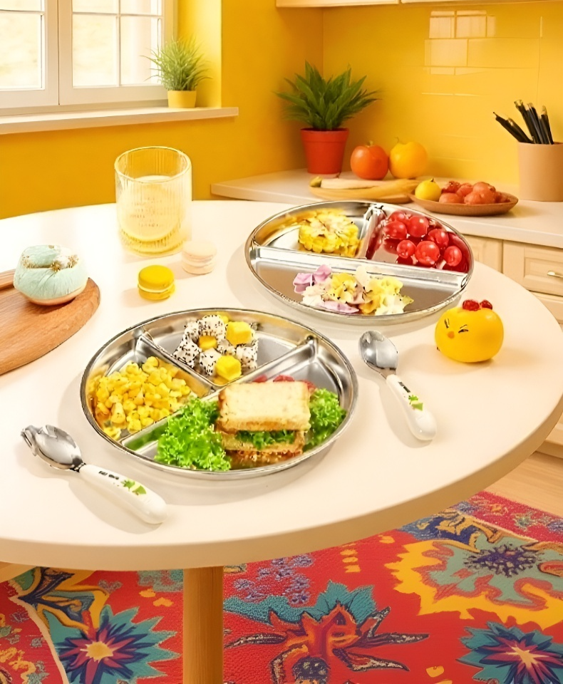 Alimentos separados en porciones sobre plato circular