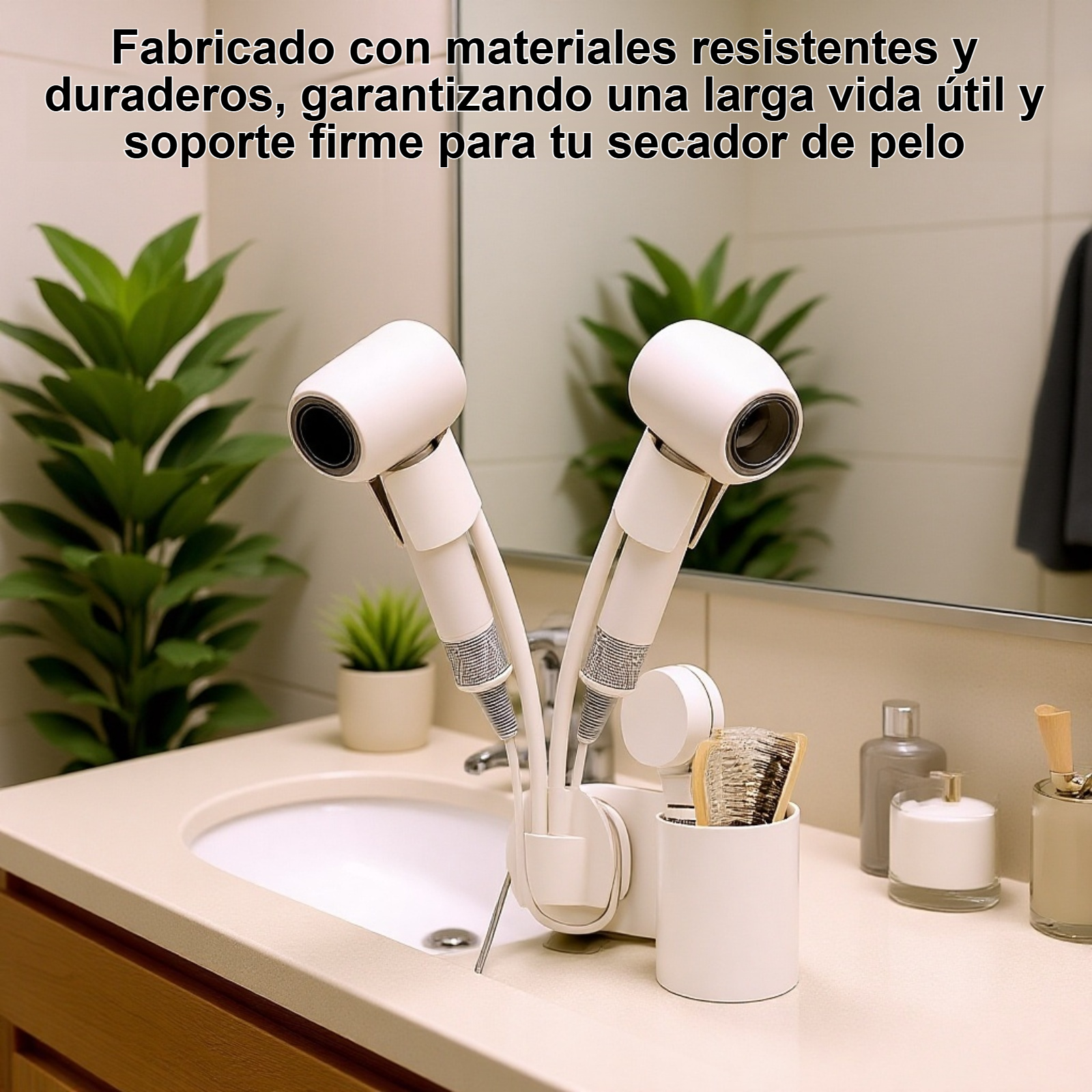 Mujer usando soporte para secador de pelo manos libres mientras se peina