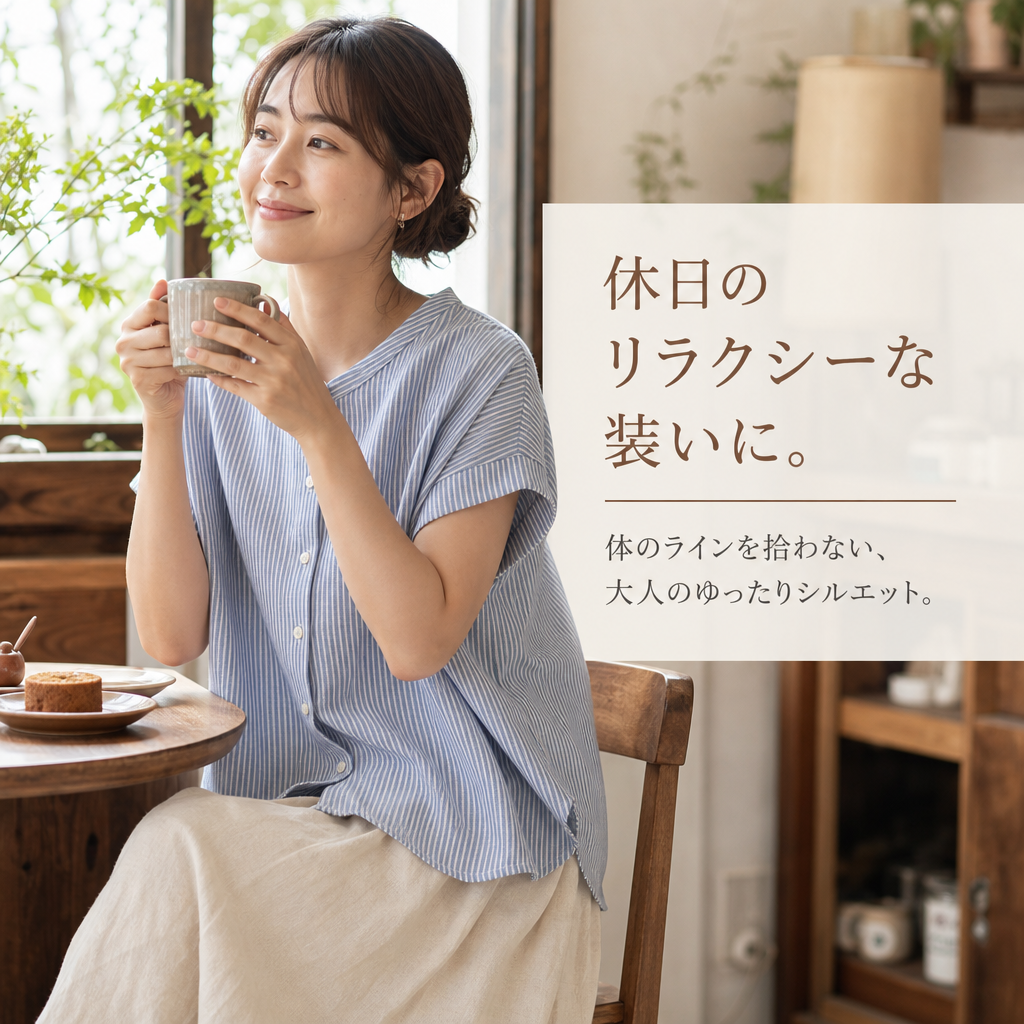 シンプルな日本風丸首ストライプ半袖シャツ レディース