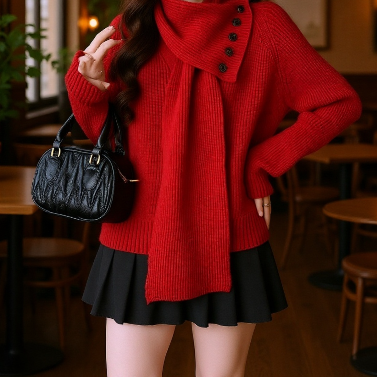 取り外し可能なスカーフデザインVネックレディースニット 秋冬新作