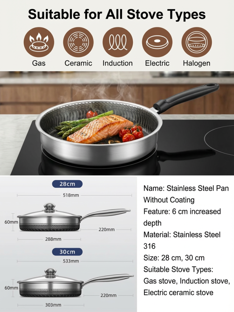 【Includes a lid】Pro Hybrid Stainless Steel Honeycomb Skillet❤️Scratch Resistant Non Stick