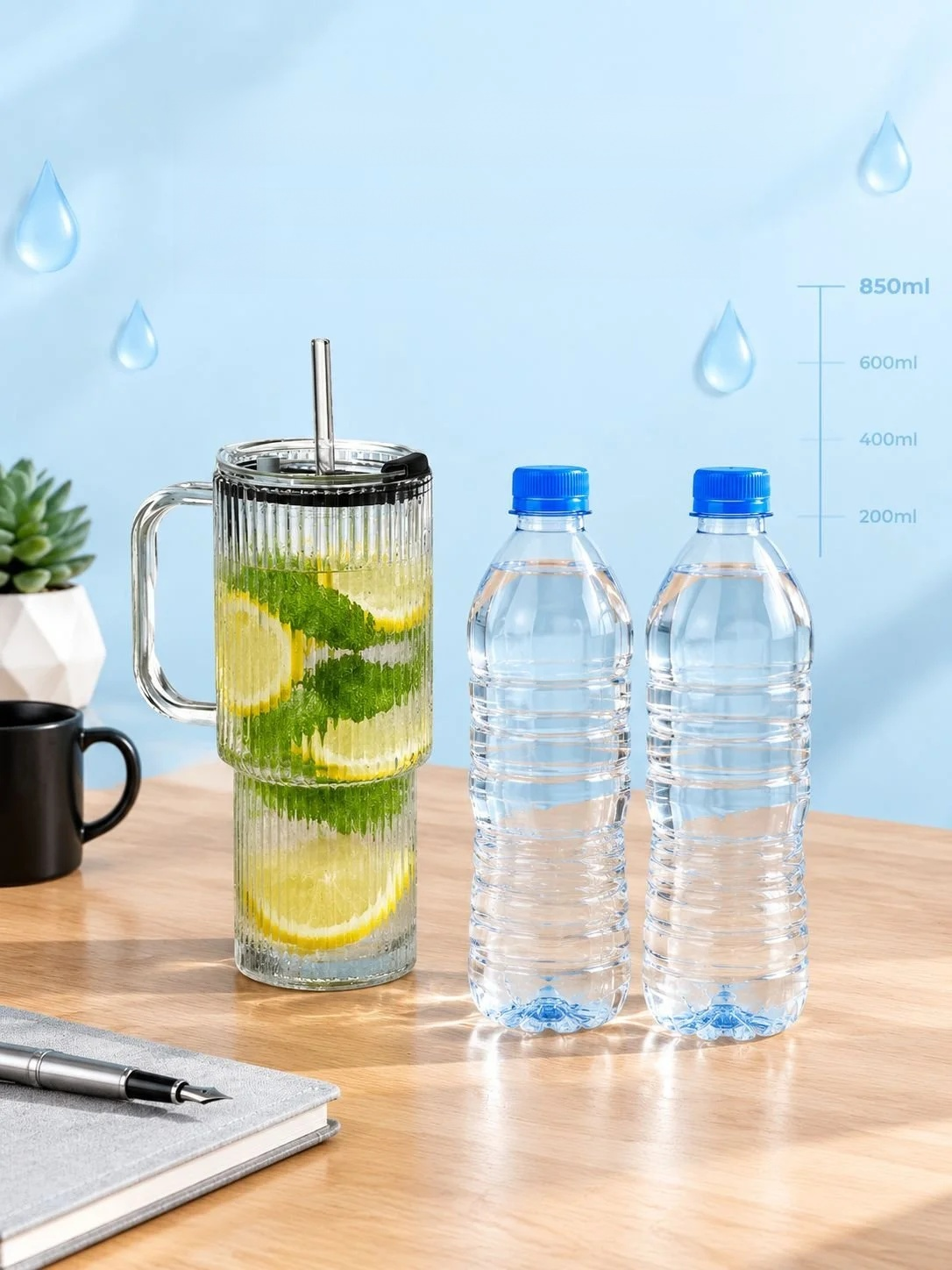 Reusable glass drinking cup with a convenient straw
