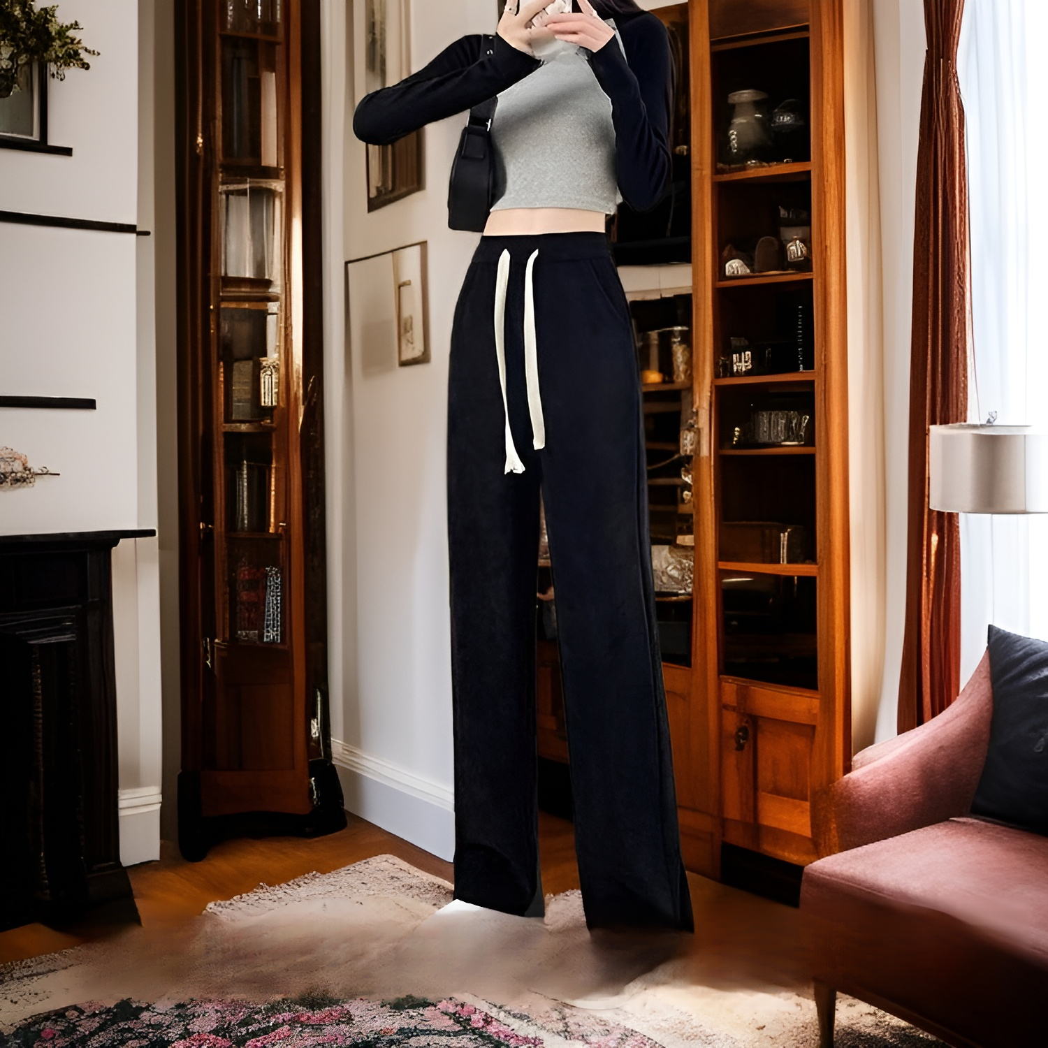 レディースギャザーハイウエストワイドパンツ全体写真