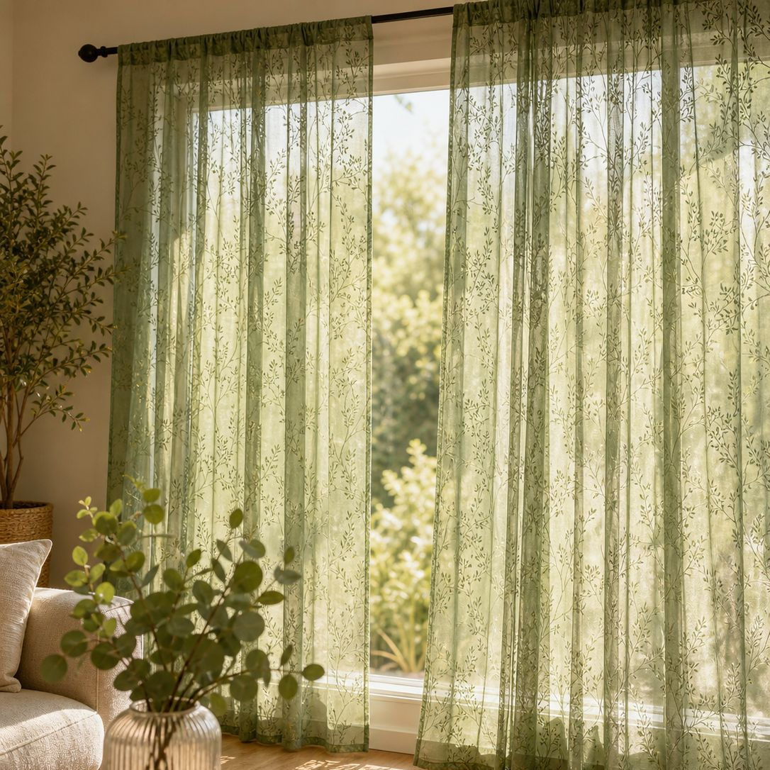 Minimalist Style Tree Branch Blackout Curtain and Transparent Sheer