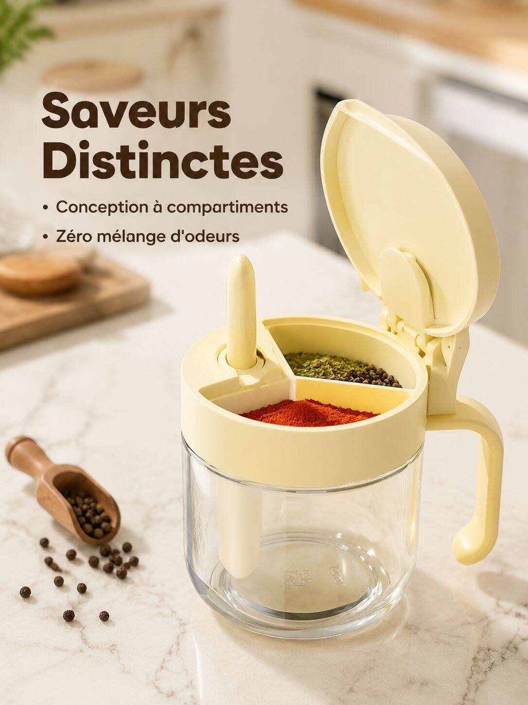 Bocal à condiments en verre compartimenté avec cuillère pour cuisine, boîte hermétique