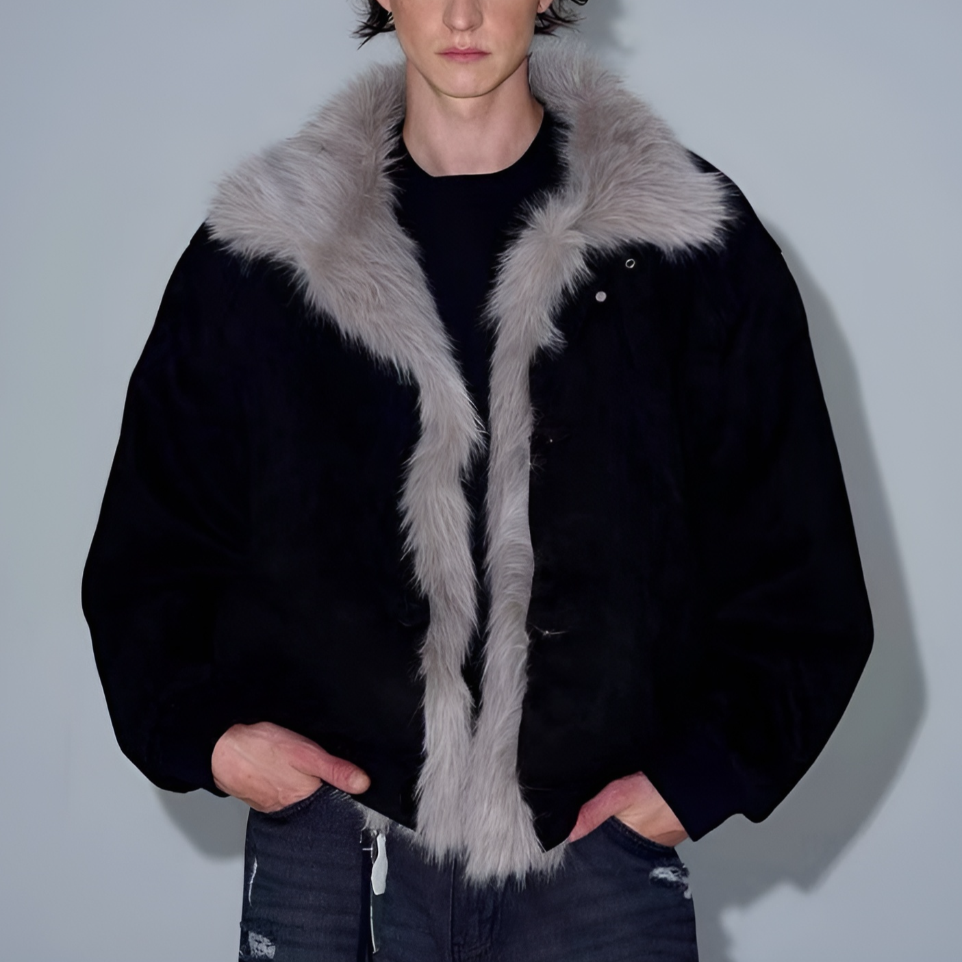 2025 レトロ風 マウンテンカービング 厚手 コットン パッド入り ジャケット メンズ レディース ルーズフィット デコンストラクト 起毛 高級感 ファーカラーコート グレー