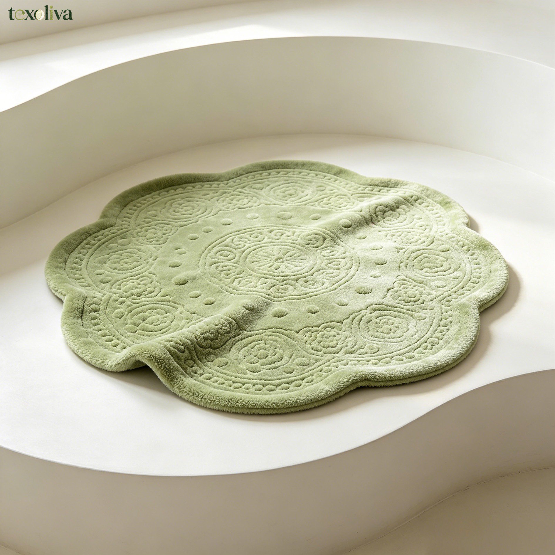 Non-slip floral bathroom rugs arranged on tile floor