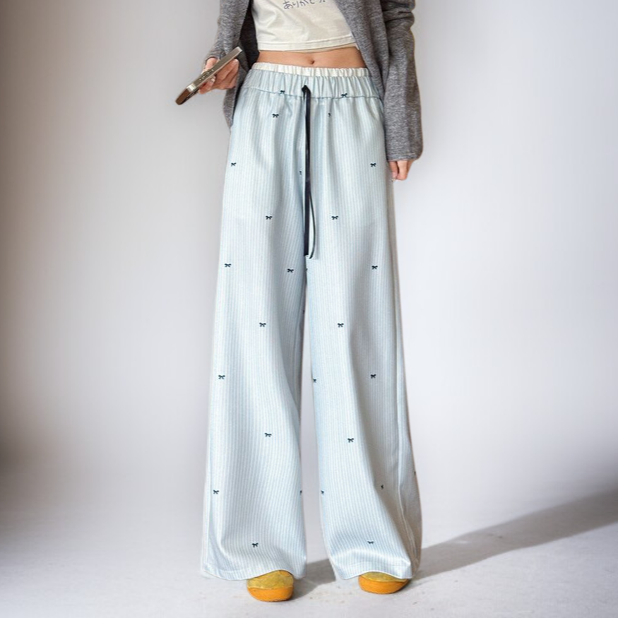 여성용 연한 파란색 줄무늬 리본 프린트 하이웨이스트 바지