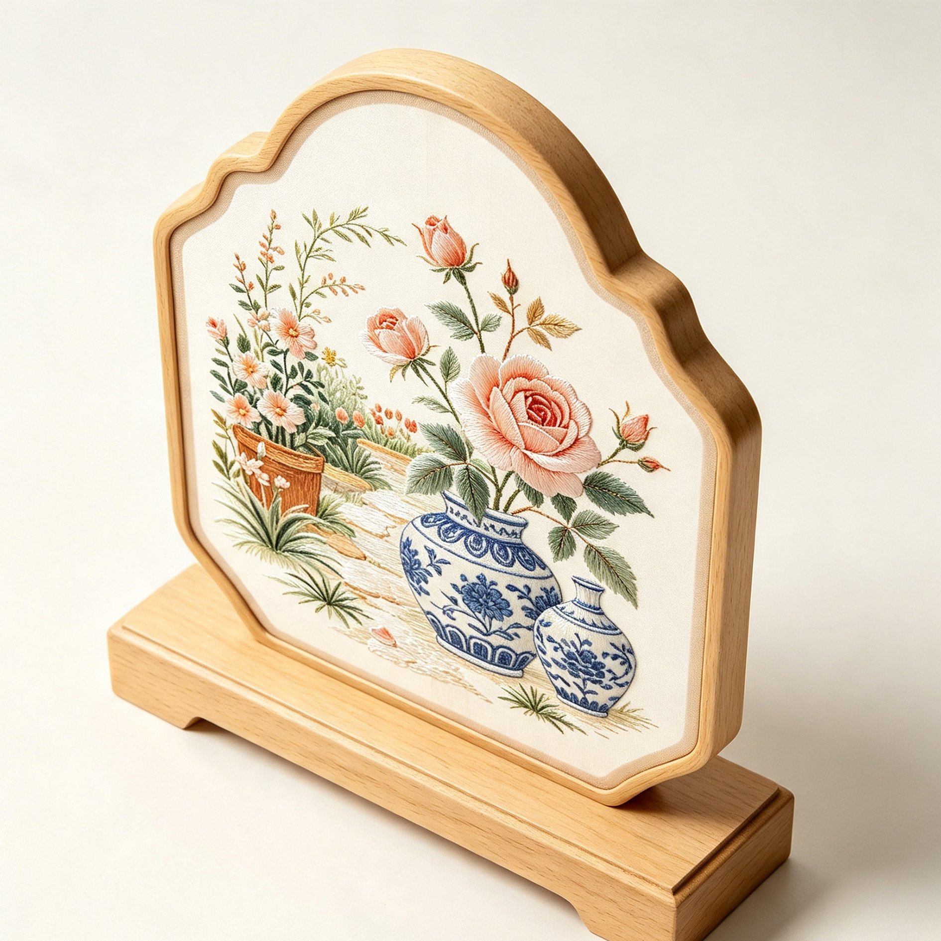 Blue and white embroidered screen