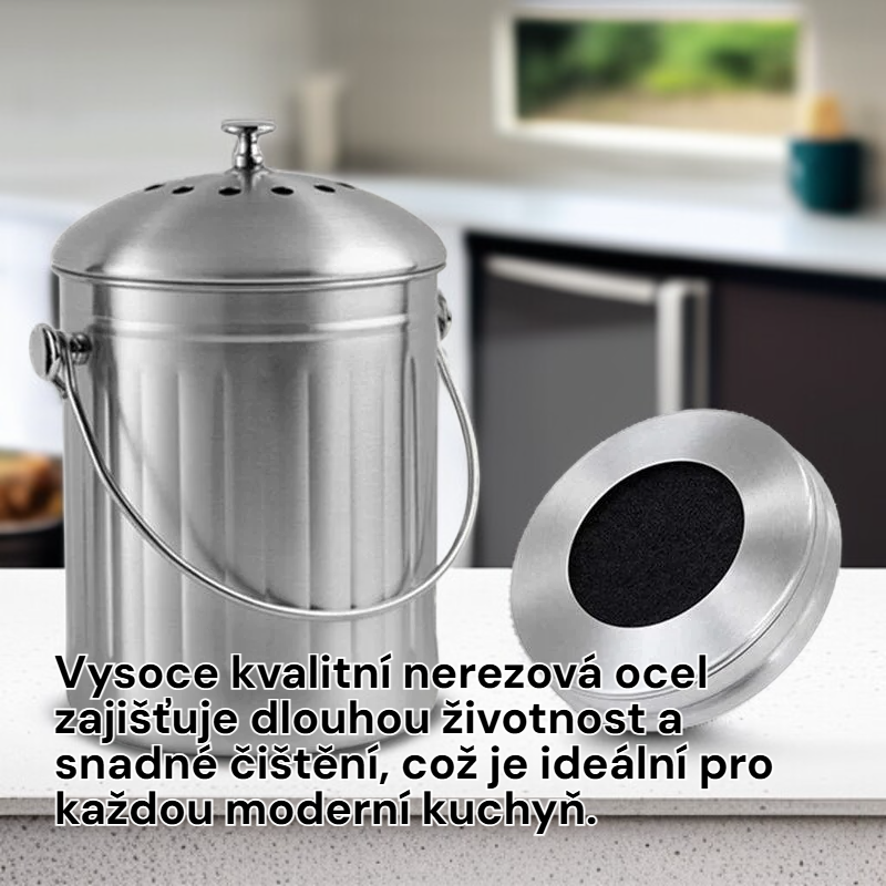 Nerezový odpadkový koš na zpracování kuchyňského odpadu s víkem – kuchyňský kompostér