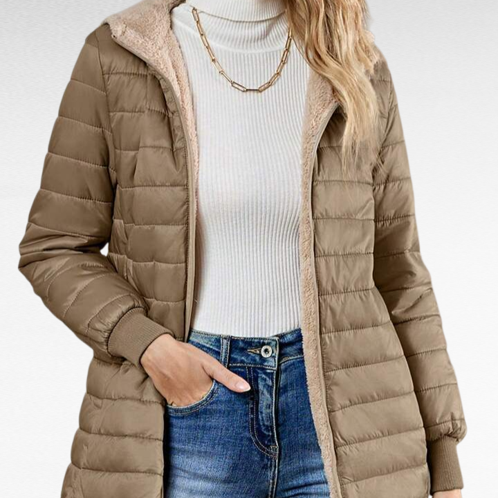 レディース厚手裏起毛フード付き中長コート スリム保温シープボア綿入りジャケット