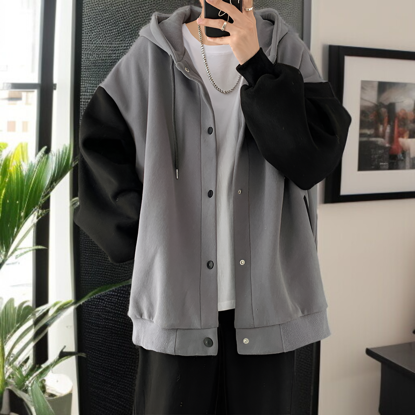 香港スタイルの秋と冬の男性用カジュアルカーディガンジャケット、ベルベットと厚みのあるトレンディなスプライシングスウェットシャツ、ルーズフード付きスウェットシャツ、カップル着用