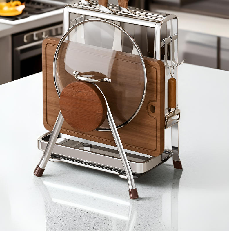 Space-saving stainless steel rack for cutting boards and knives