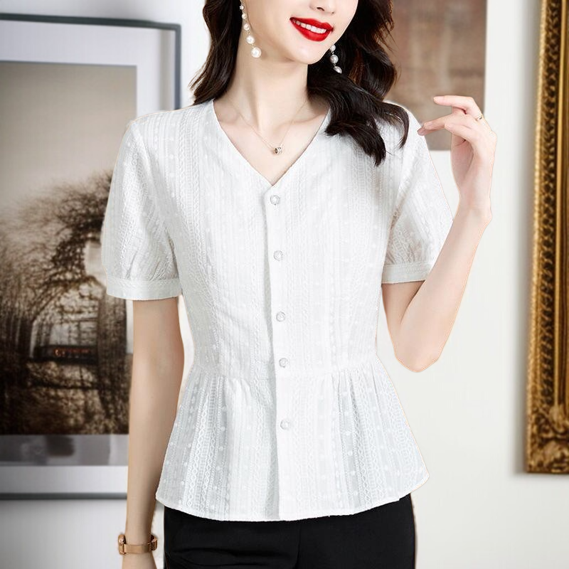 여름 신상 패셔너블하게 배를 가리는 중년 엄마 허리띠를 줄여 날씬해 보이는 블라우스녀