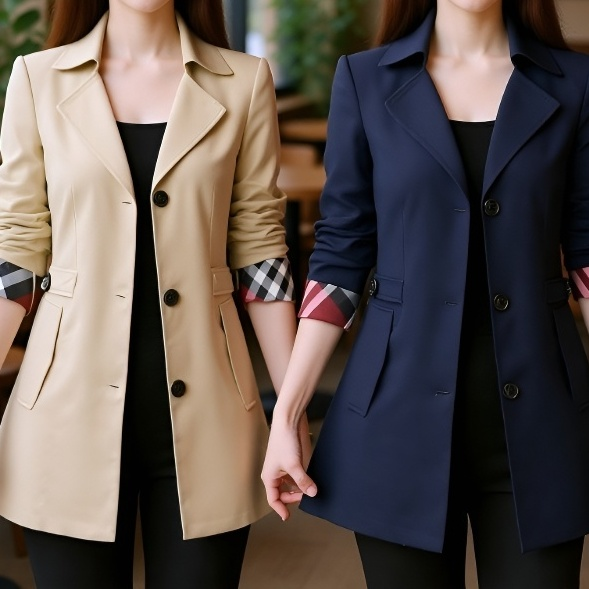 シンプルな女性の薄いコート、スタイリッシュでスリム