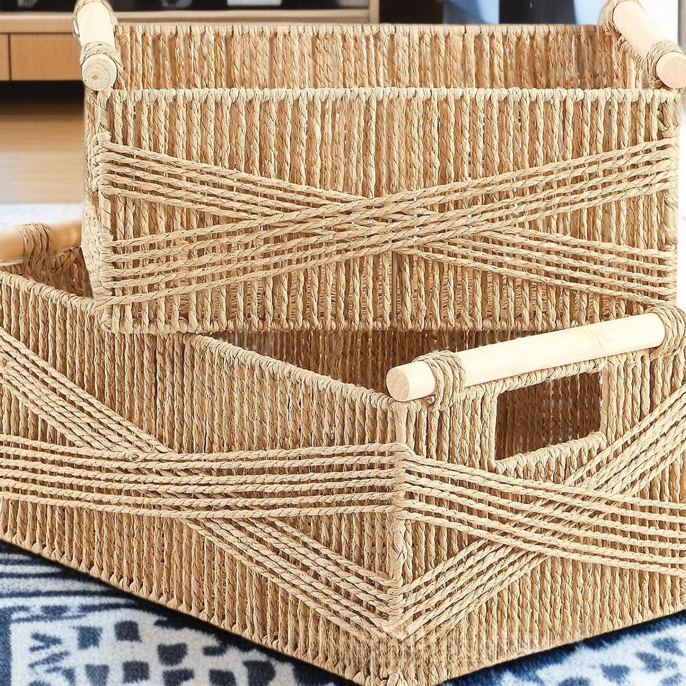 シンプルな家庭用編み込み収納バスケット（木製ハンドル付き）