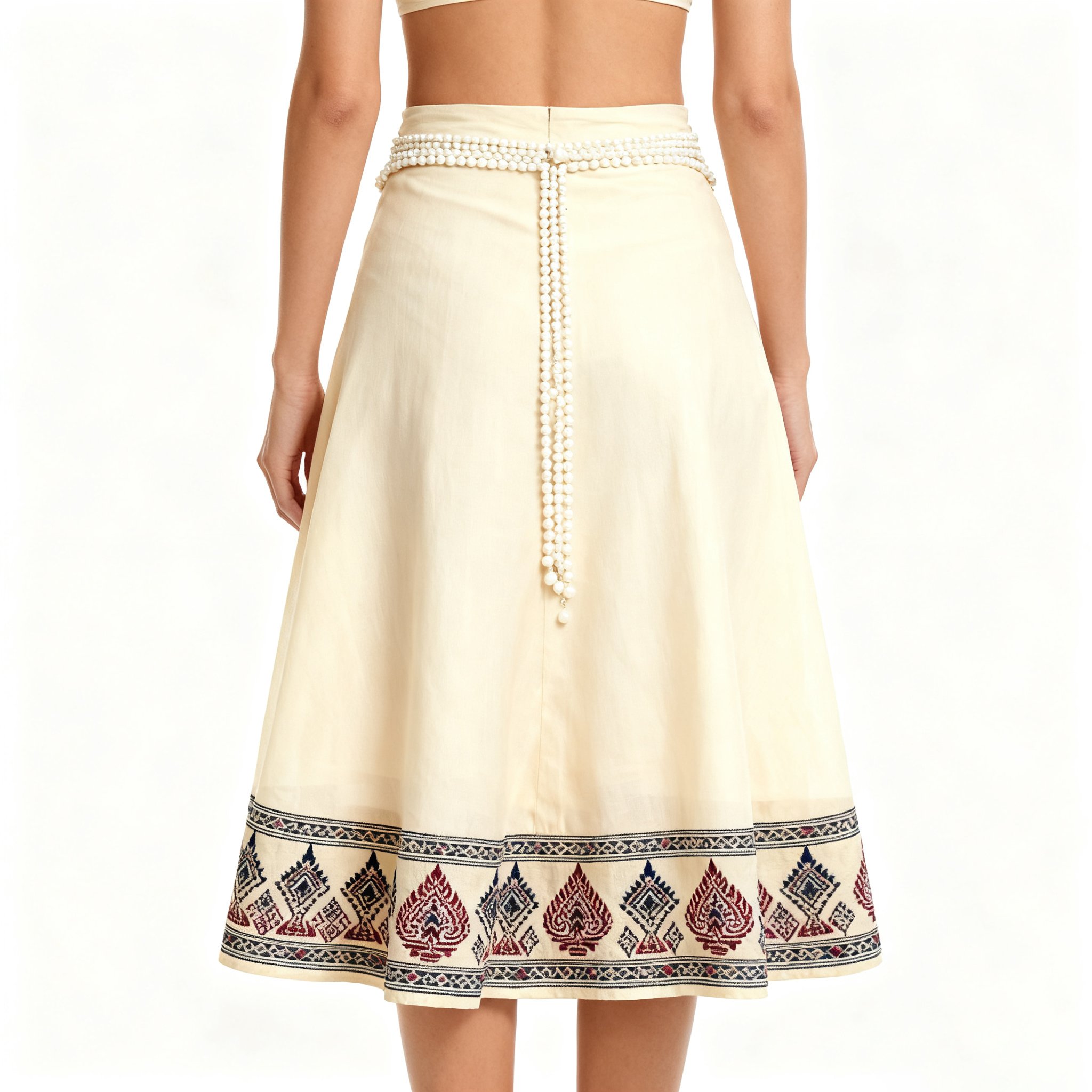 รายละเอียดกระโปรงเอวสูงประดับไข่มุก