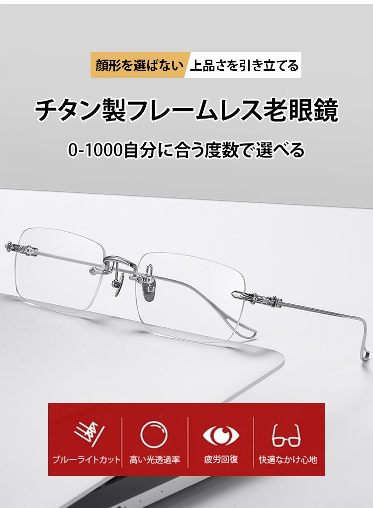 高級ブルーライトカットフレームレス老眼鏡の全体画像
