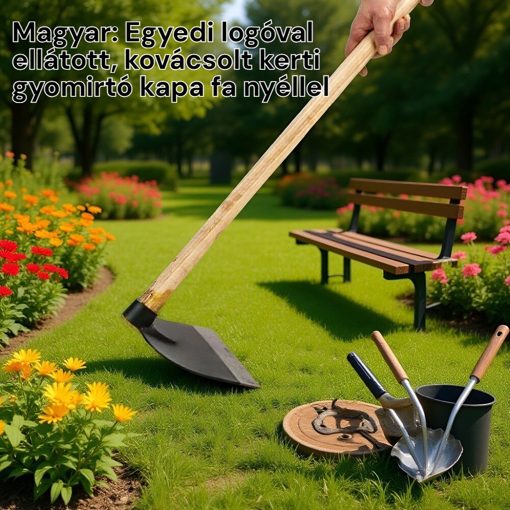 Egyedi logóval ellátott kovácsolt kerti gyomirtó kapa fa nyéllel