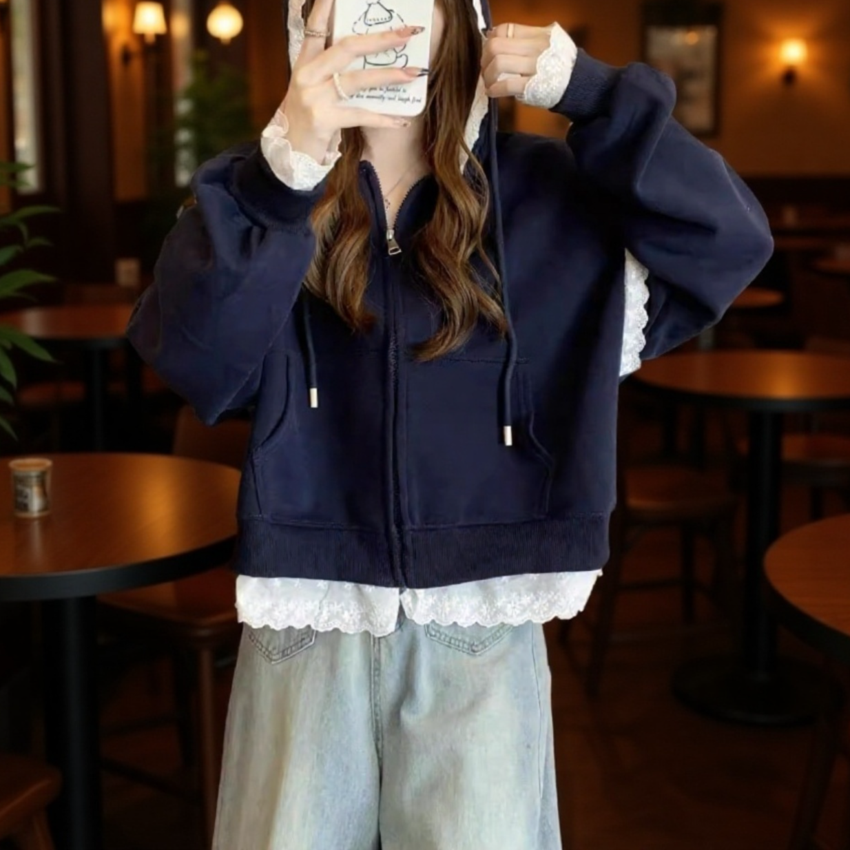 ヨーロッパ風レースフード付きパーカー・大きいサイズ・スリム効果・春秋新作