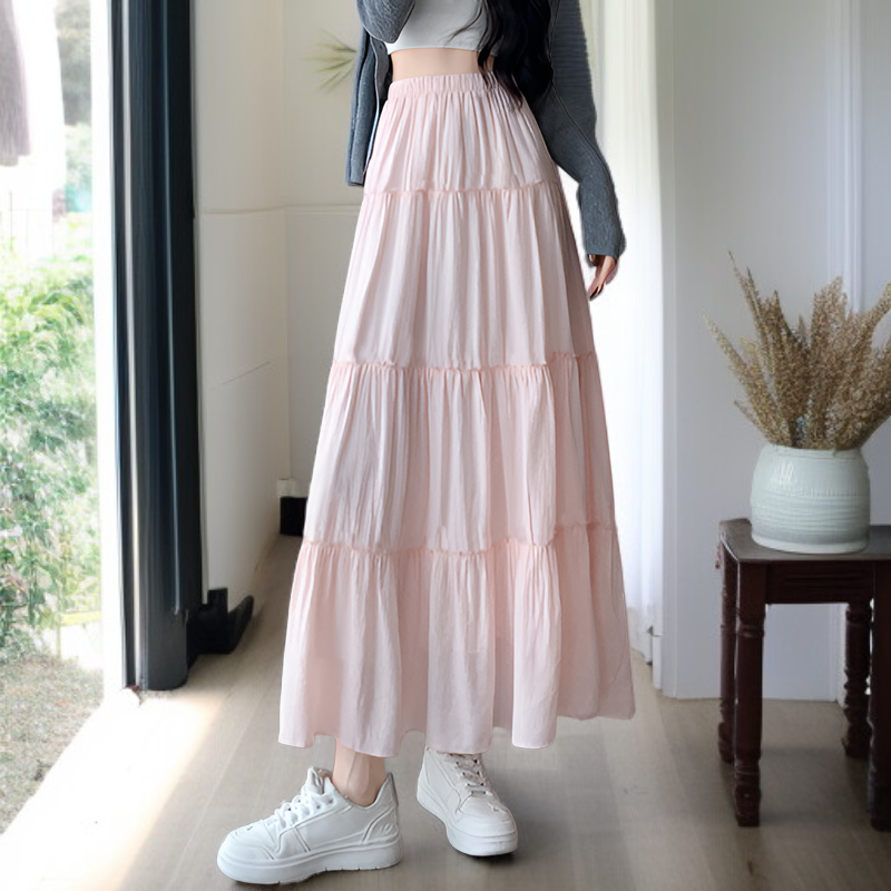 키 작은 여생 춘추 반신 스커트 여 화이트 케이크 롱 스커트 A라인 스커트 드롭 플리츠 반신 스커트