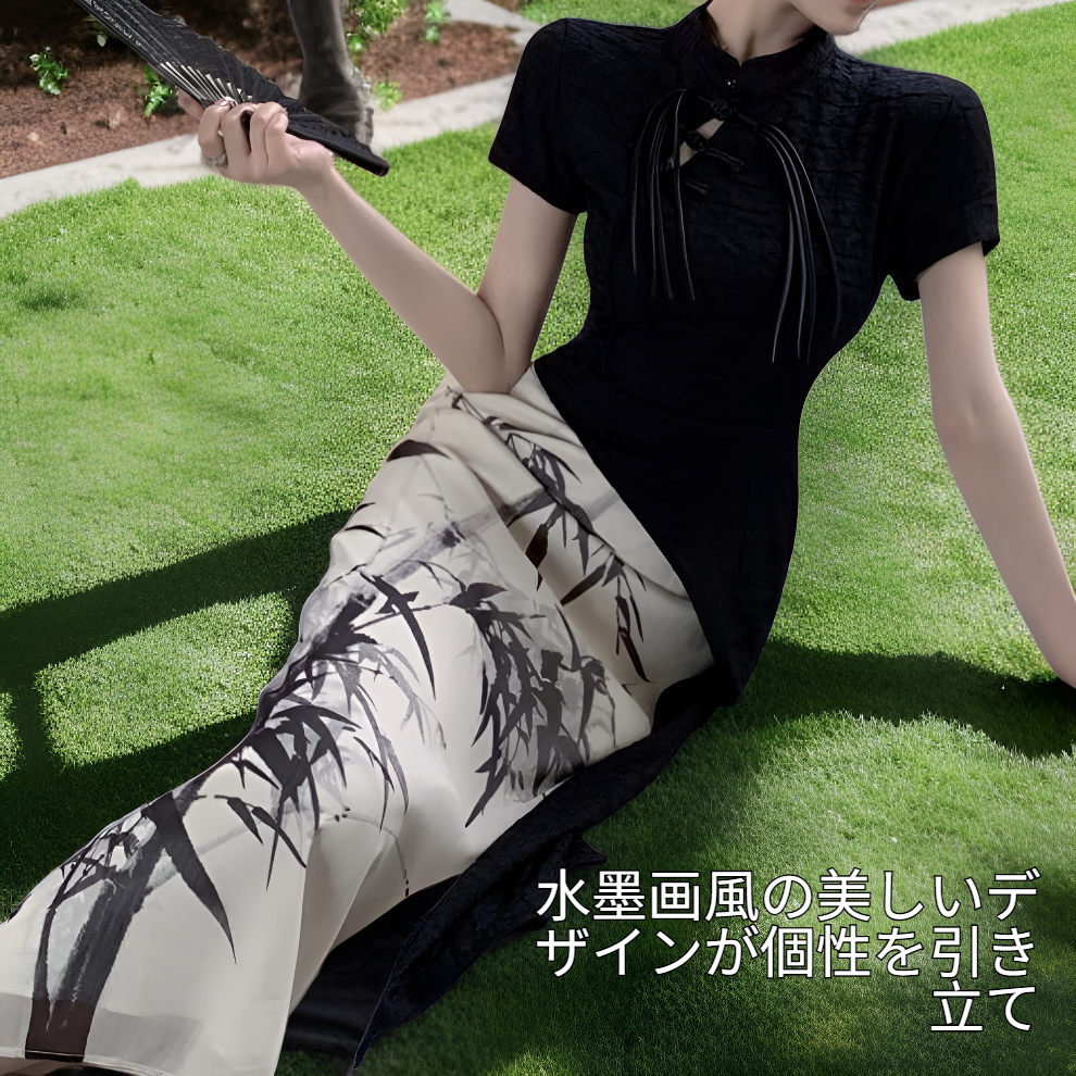 夏用性格改良型半袖水墨画ロングワンピース 女性用