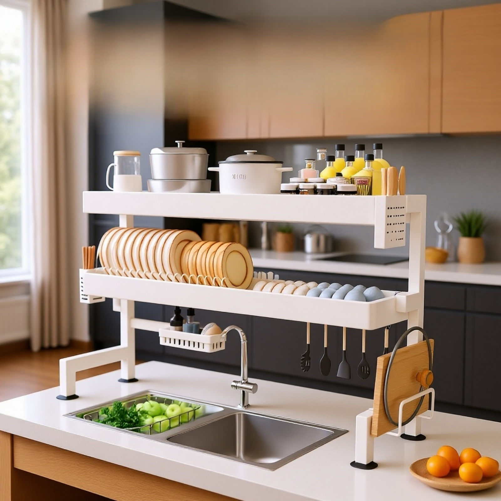 Multifunctional kitchen sink storage rack with draining shelf