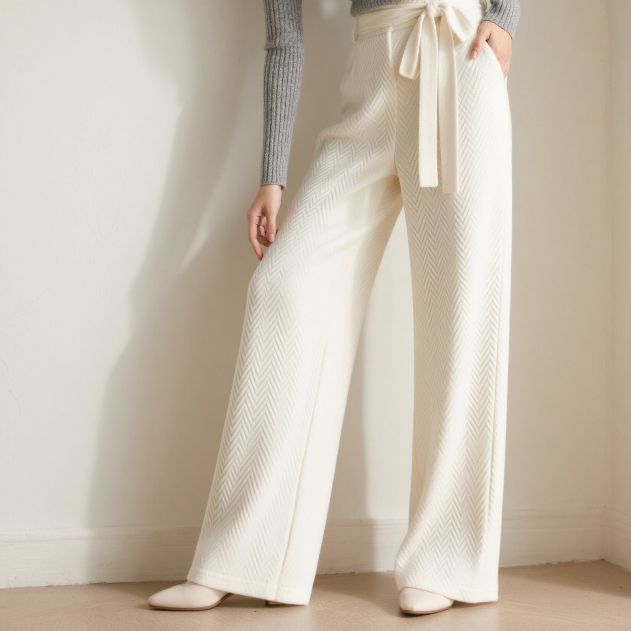 화이트 리본 와이드 팬츠 여성용