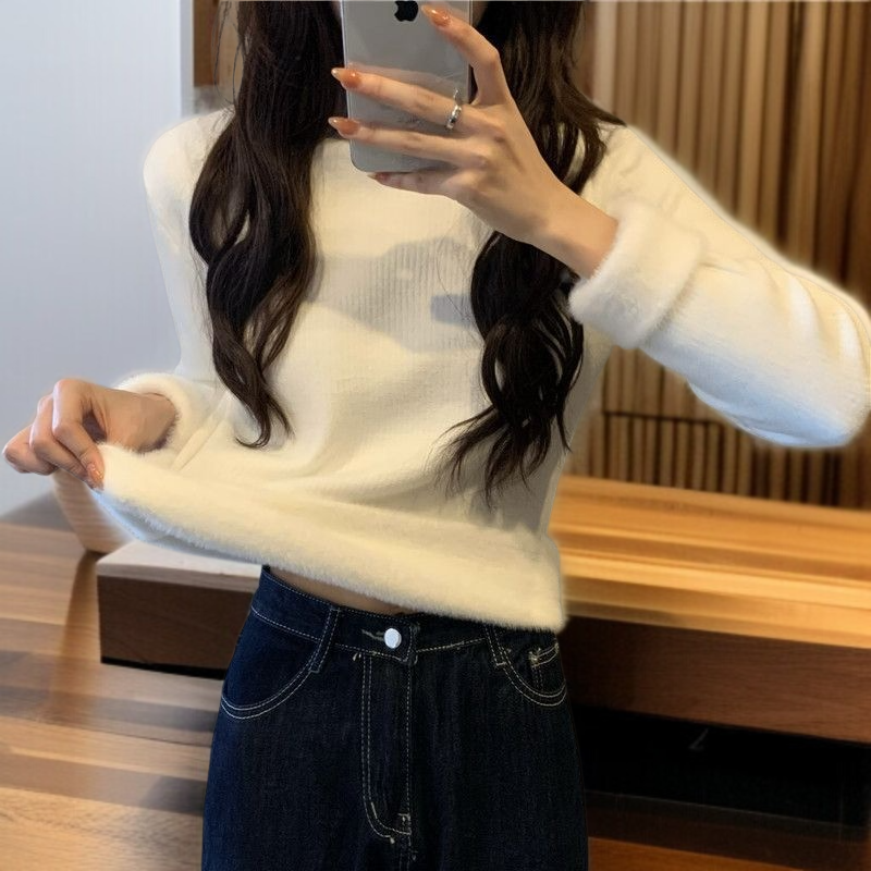 中わた入り厚手ニットレディース長袖ワンピースフリーストップス秋冬ボトムスシャツハーフハイネックニットソー