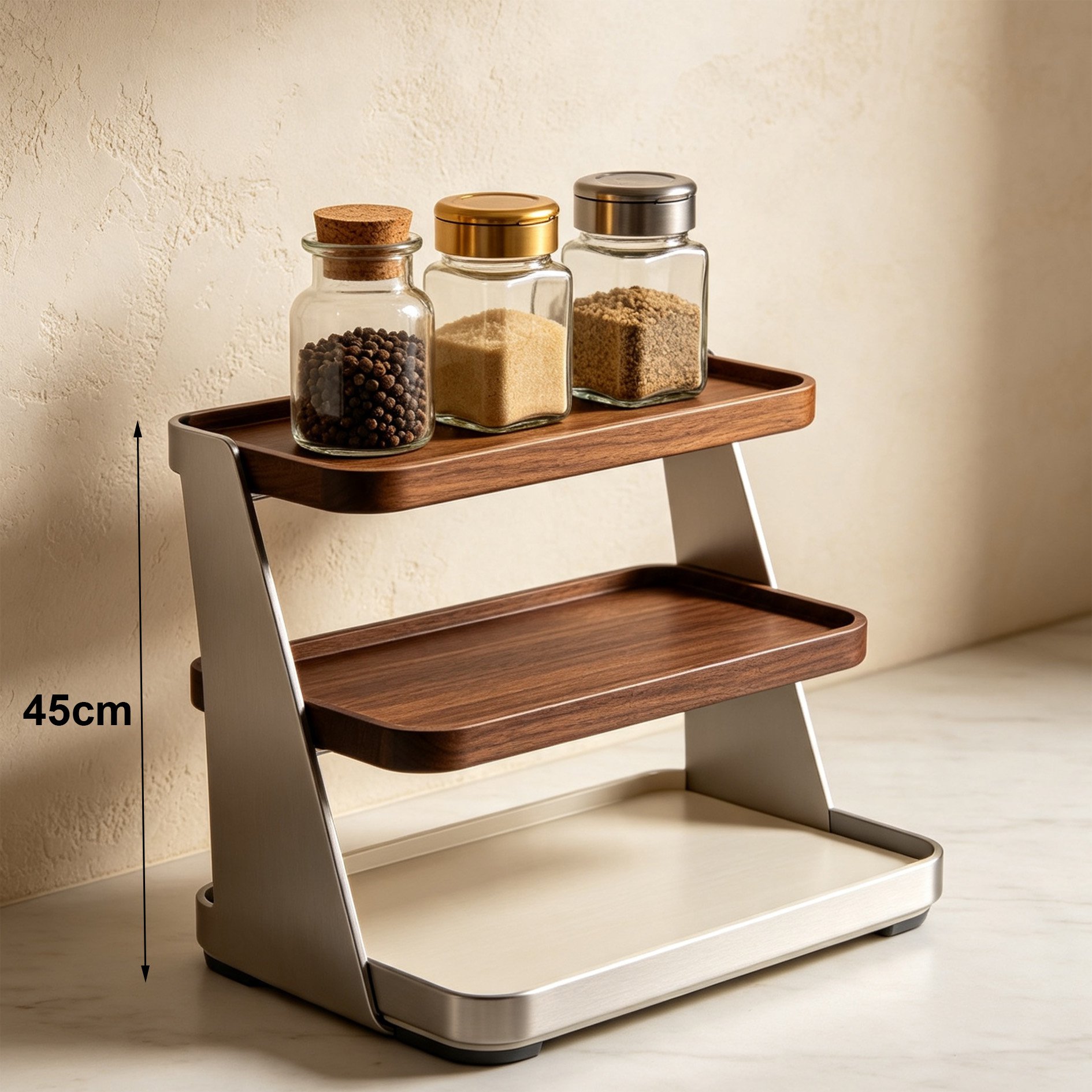 Close-up of durable wooden shelves for spice storage