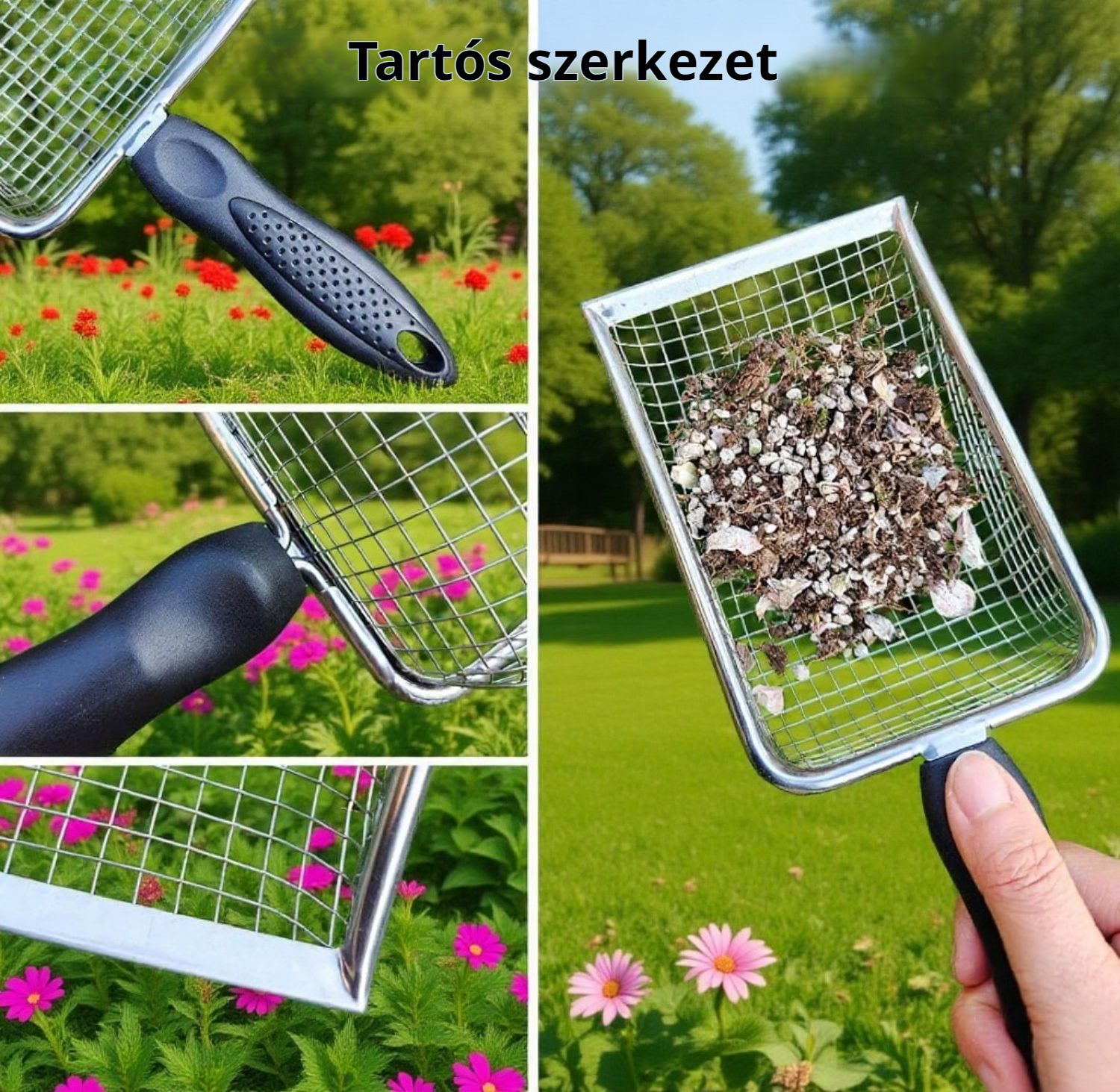 Föld szitálása kerti talajszitával