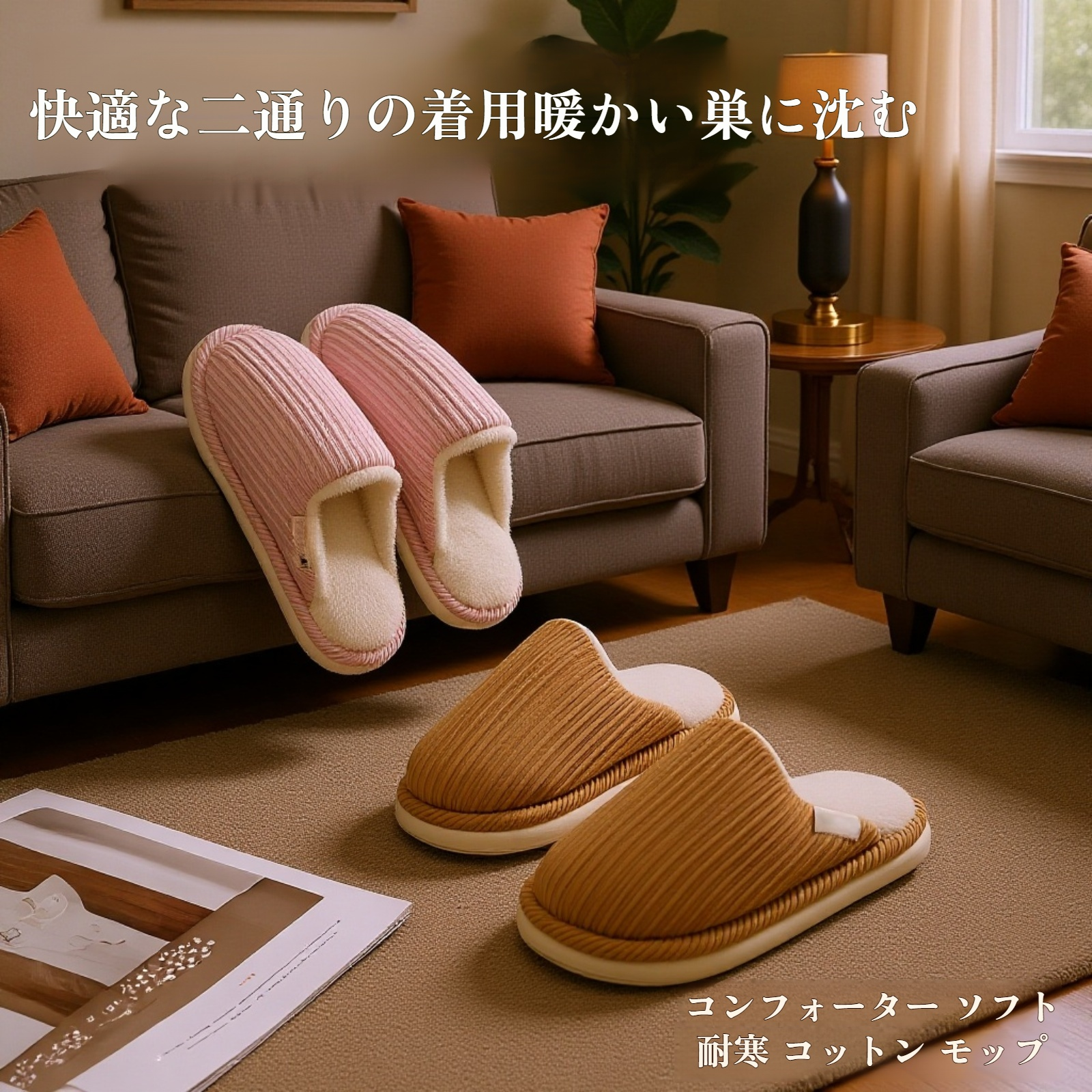 柔らかいコーデュロイ静音滑り止めルームシューズ レディース
