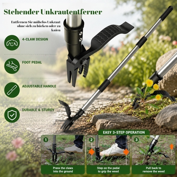 Unkrautstecher mit Fußhebelprinzip, entfernt Unkraut samt Wurzeln, stehende Ausführung