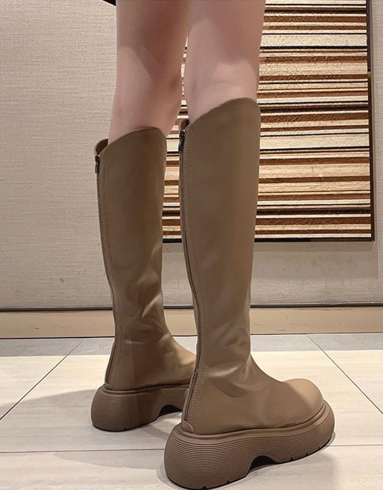 V 입후 바닥 슬림 가죽 부츠