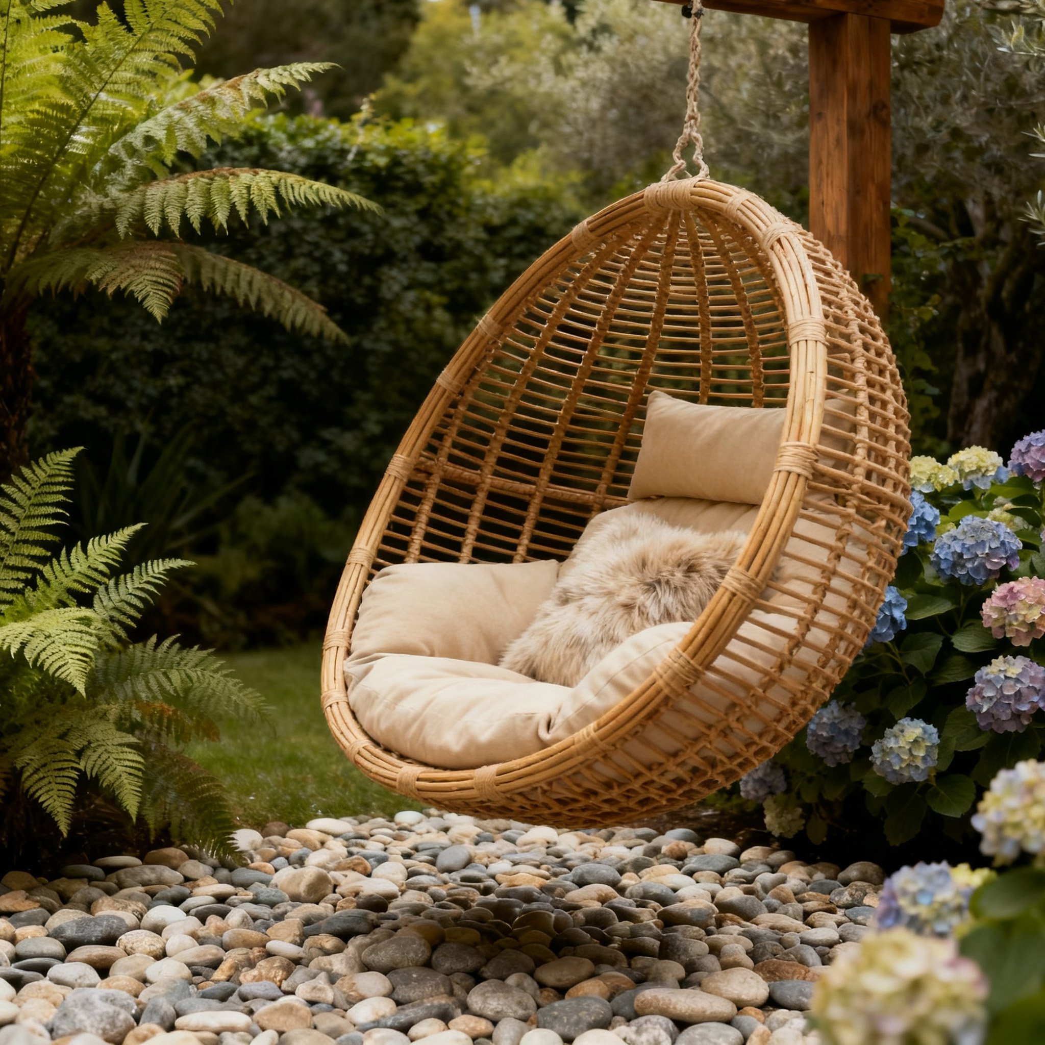 라탄 해먹의자에 앉아 휴식하는 모습